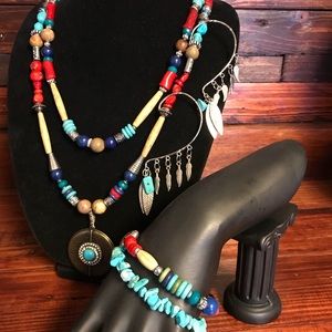 Turquoise, Bamboo Coral and Yak Bone Necklace Set